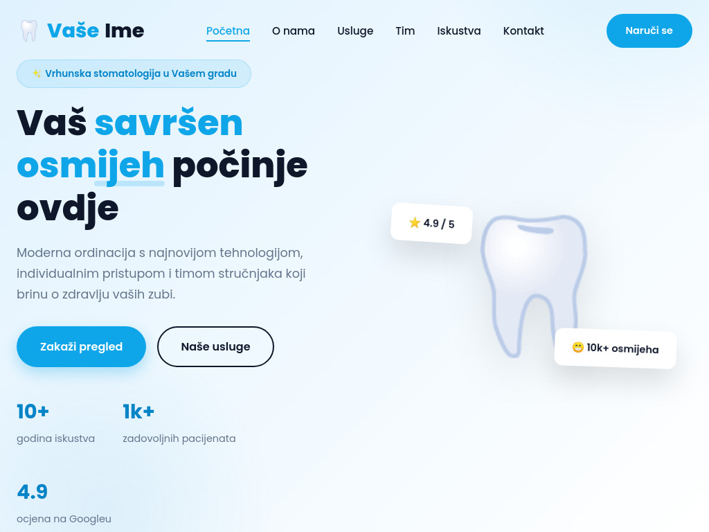 Screenshot primjera moderne dentalne web stranice