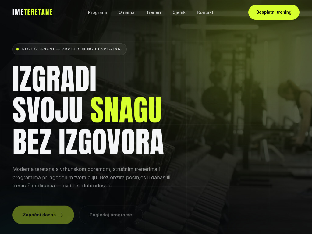 Screenshot primjera web stranice za teretanu